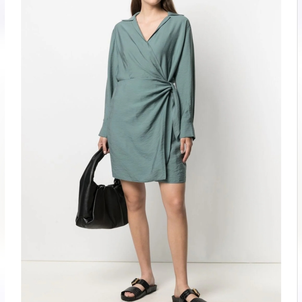Vince Sage Green Long-Sleeve Wrap Mini Dress
